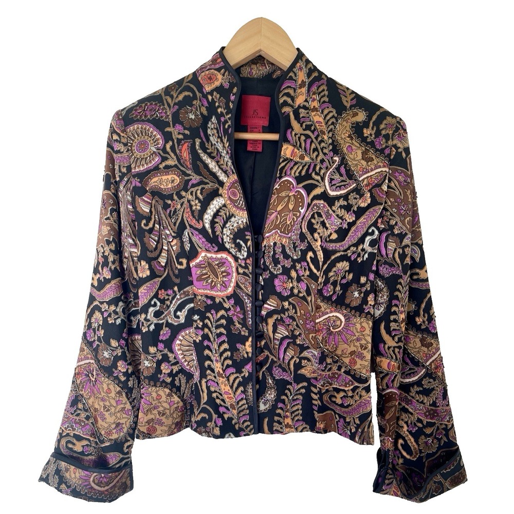 VTG JS Collection Womens Paisley Silk Beaded Jacket Size 8 Evening Party Wedding